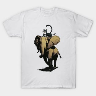 Hilarious Cat Riding Elephant - Whimsical Animal Adventure T-Shirt